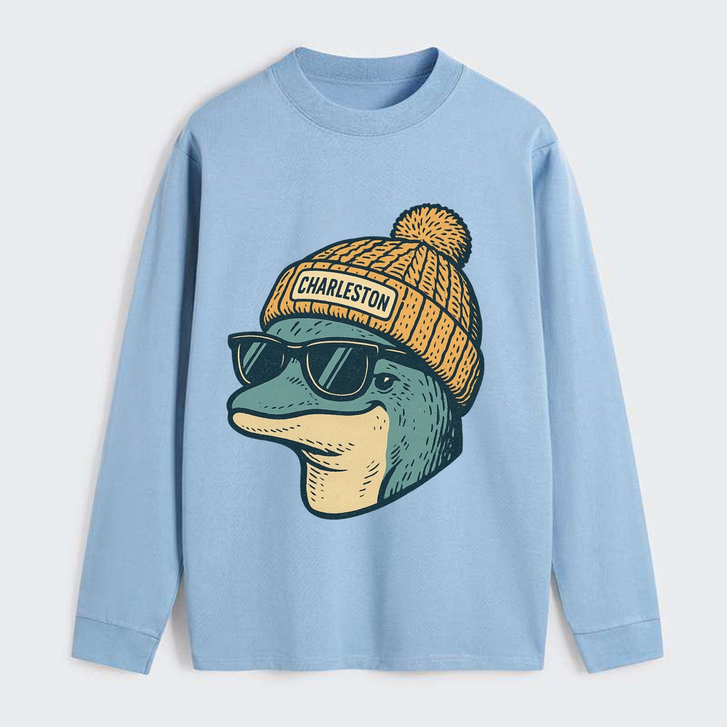 Charleston Dolphin wearing Charleston beanie with pom pom and wayfarer - Classic Long Sleeve Shirt - Light Blue