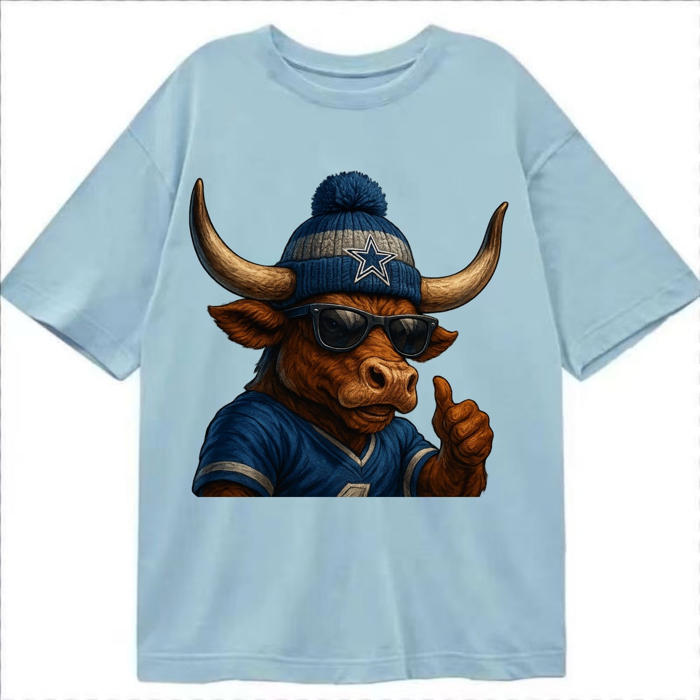 Texas Longhorn wearing Cowboys silver and blue beanie with star and wayfarer - Classic T-shirt - Light Blue