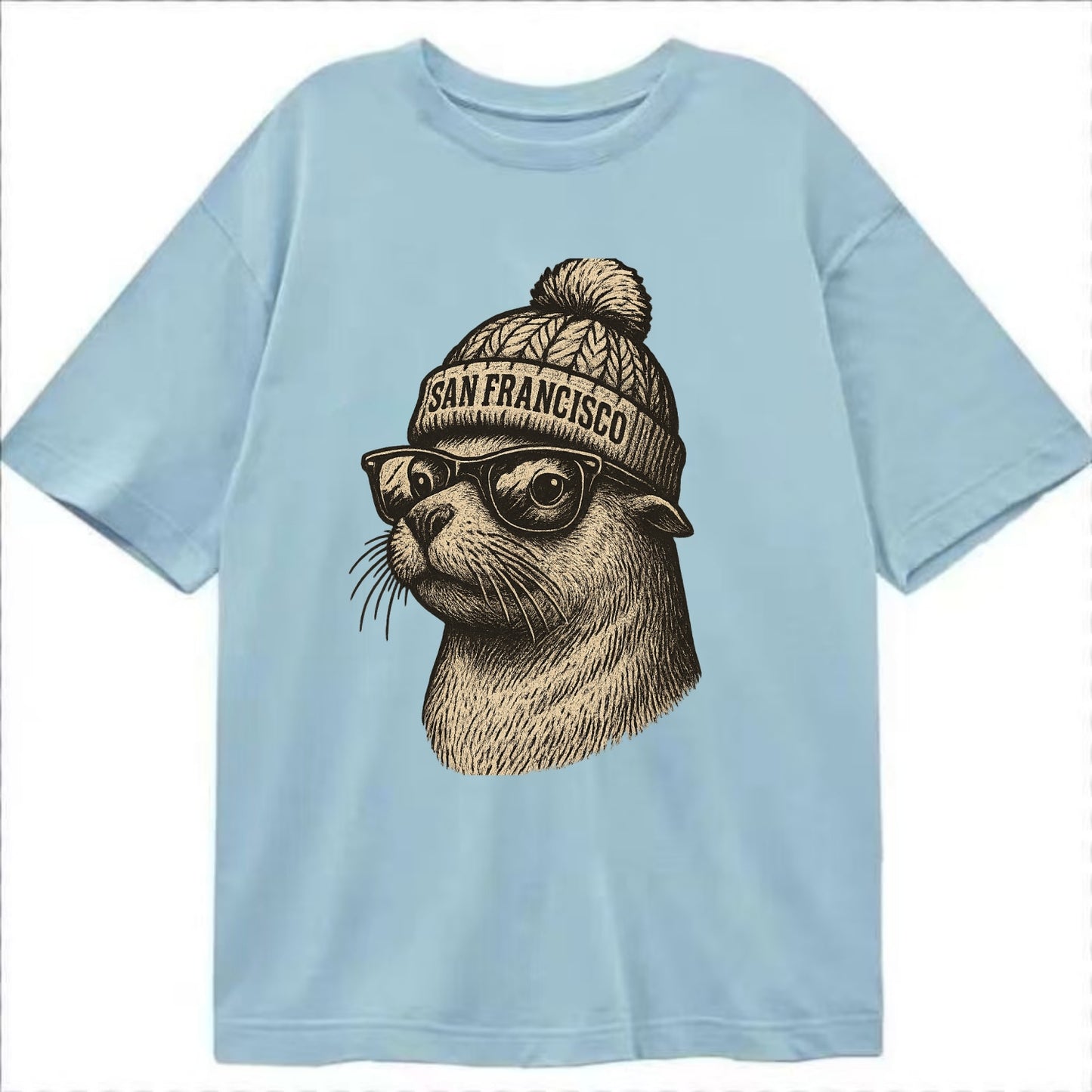 San Francisco Sea Lion wearing San Francisco beanie with pom pom and wayfarer - Classic T-shirt - Light Blue