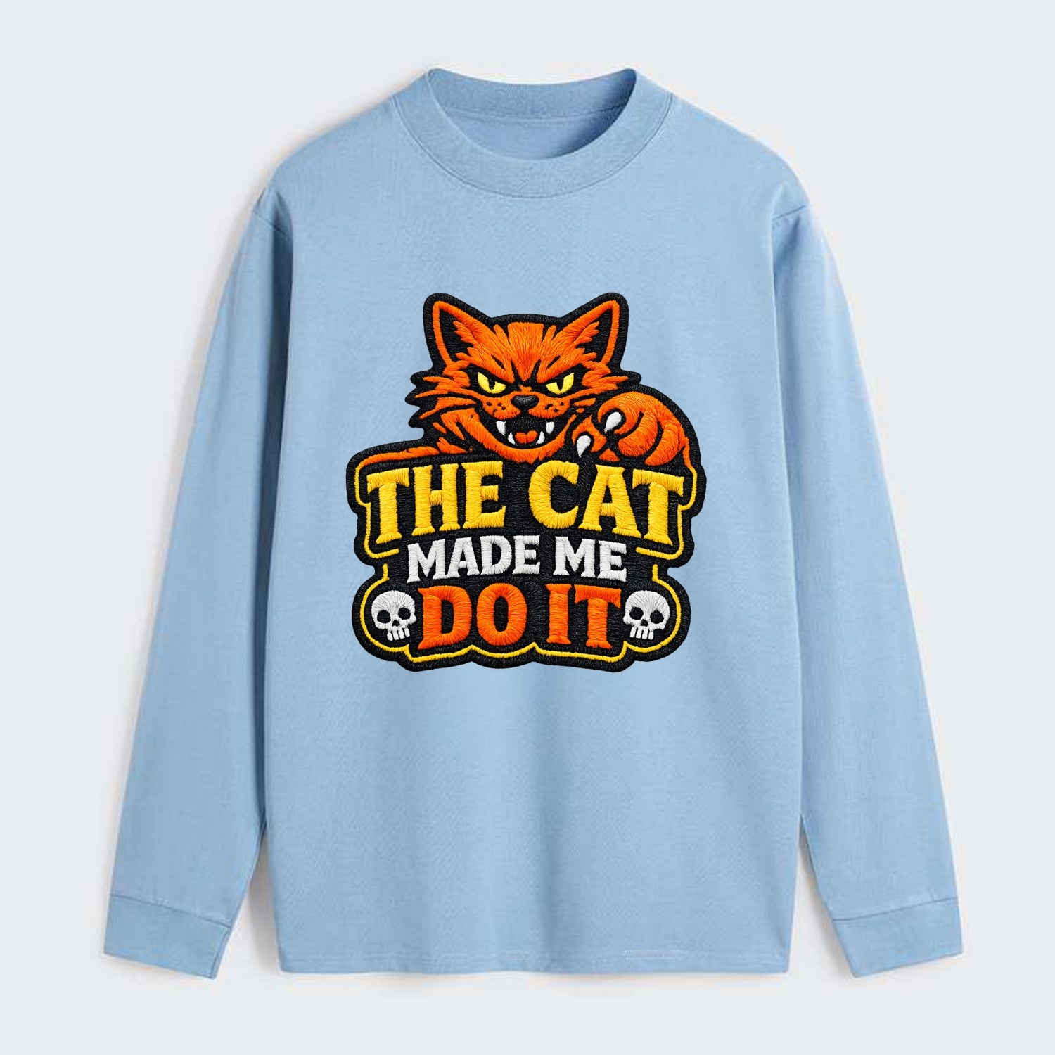 THE CAT MADE ME DO IT - mischievous cat in orange , blame the cat - Classic Long Sleeve Shirt - Light Blue