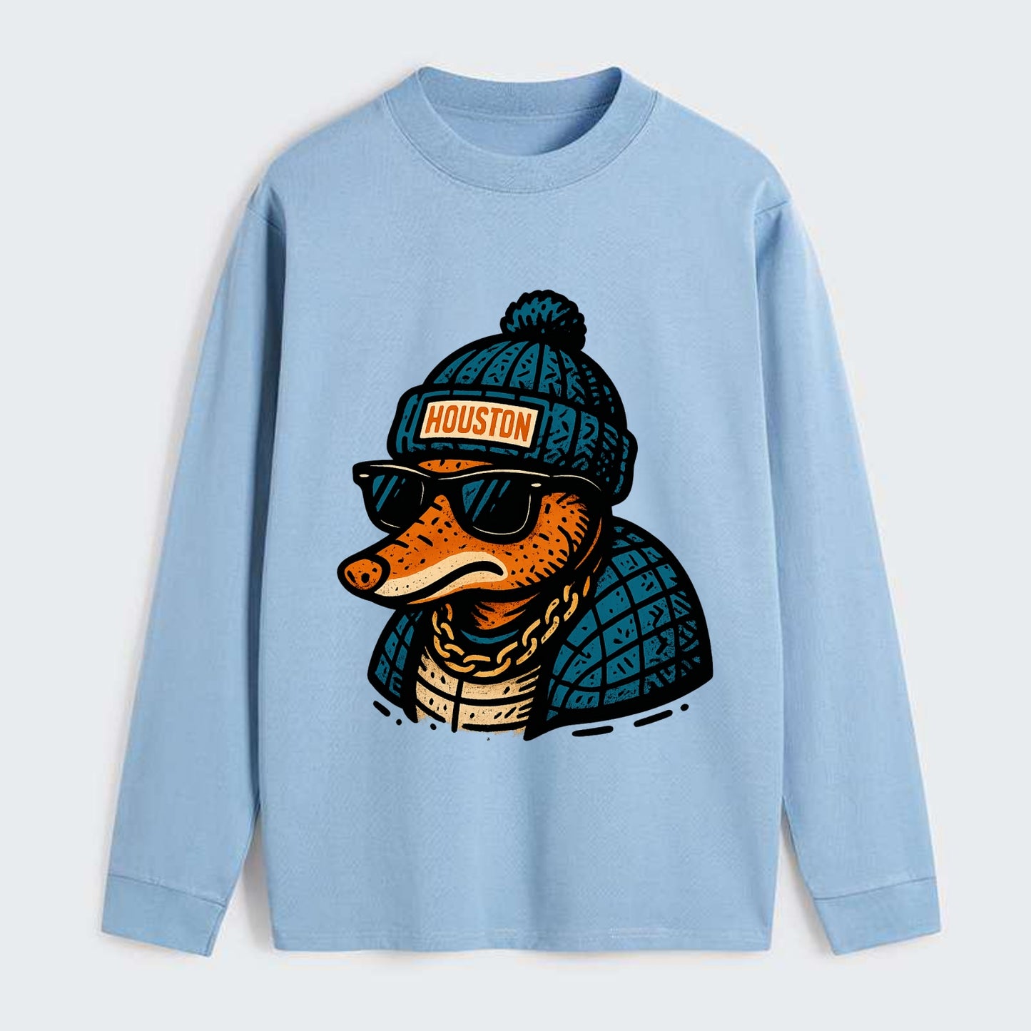 Houston Armadillo wearing Houston beanie with pom pom and wayfarer - Classic Long Sleeve Shirt - Light Blue