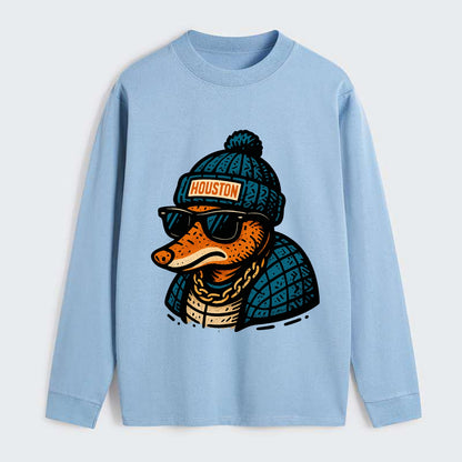 Houston Armadillo wearing Houston beanie with pom pom and wayfarer - Classic Long Sleeve Shirt - Light Blue