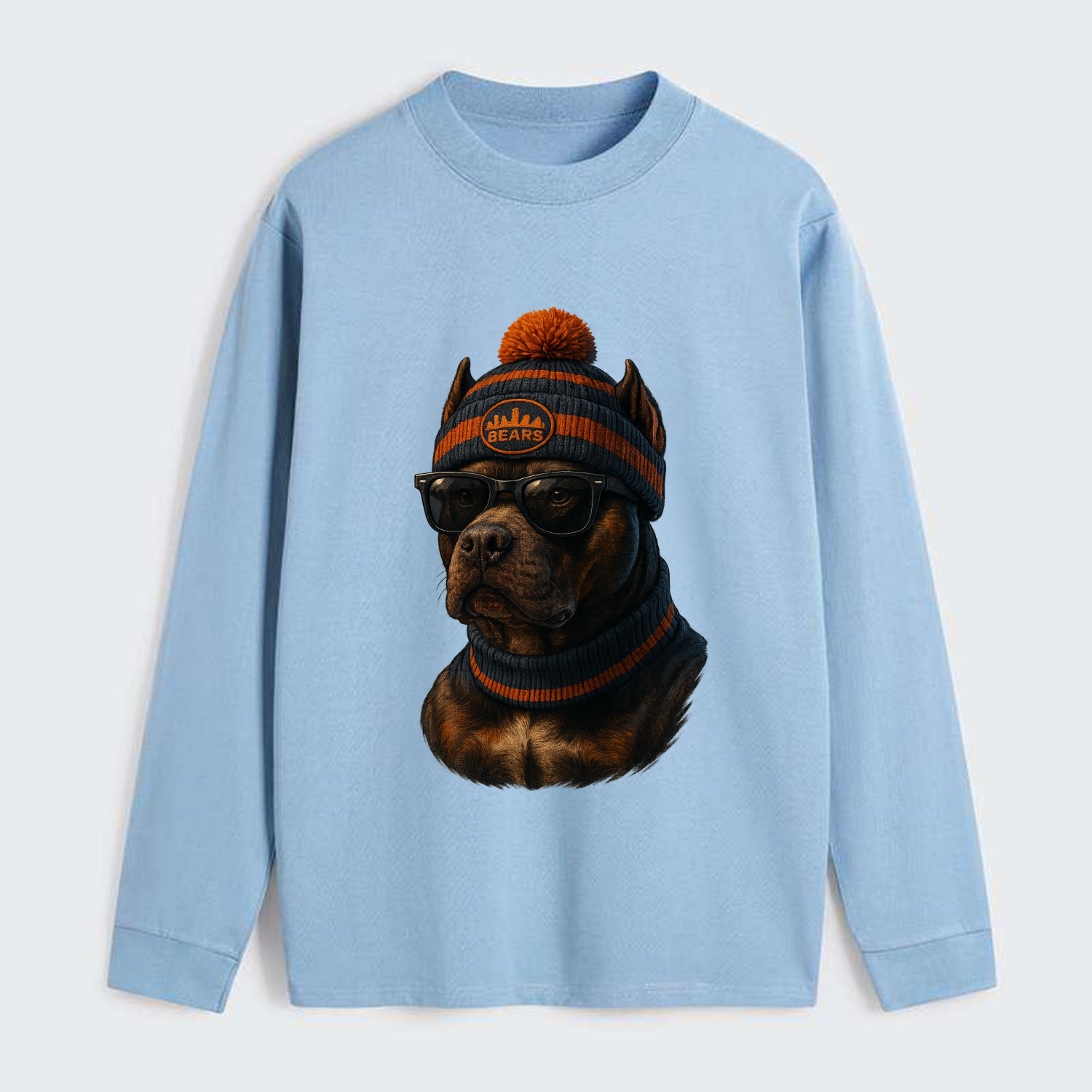 Chicago Pitbull wearing Bears beanie with skyline patch and wayfarer - Classic Long Sleeve Shirt - Light Blue