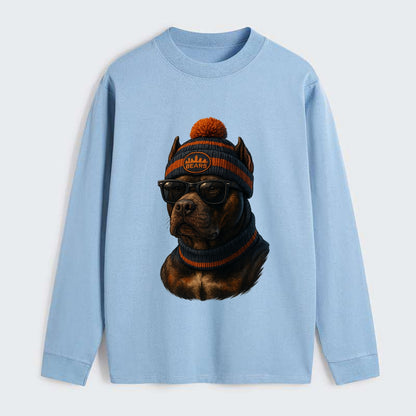 Chicago Pitbull wearing Bears beanie with skyline patch and wayfarer - Classic Long Sleeve Shirt - Light Blue