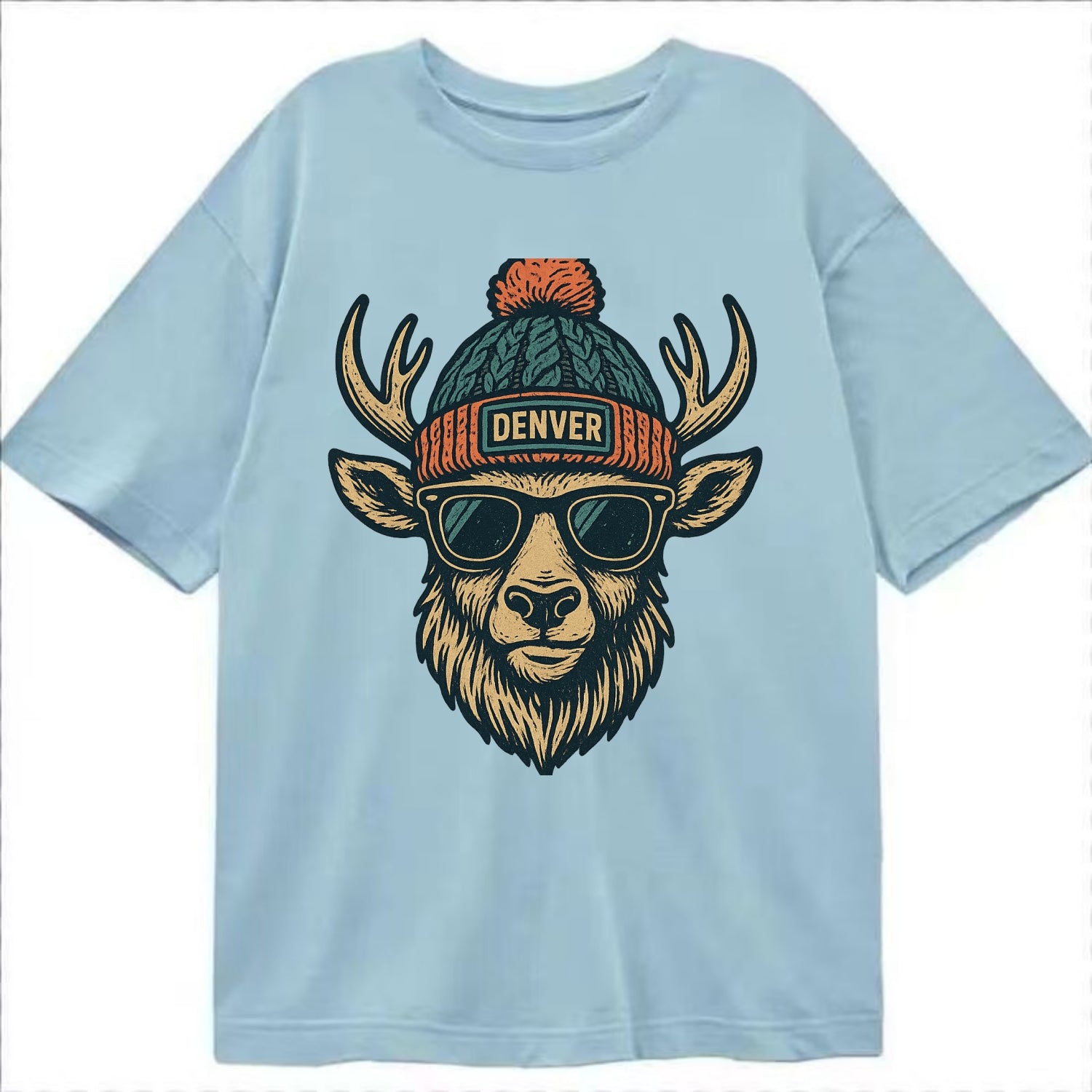 Denver Elk wearing Denver beanie with pom pom and wayfarer sunglasses - Classic T-shirt - Light Blue