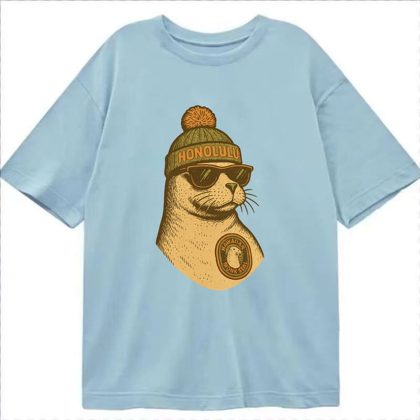 Hawaii Monk Seal wearing Honolulu beanie with pom pom and wayfarer sunglasses - Classic T-shirt - Light Blue