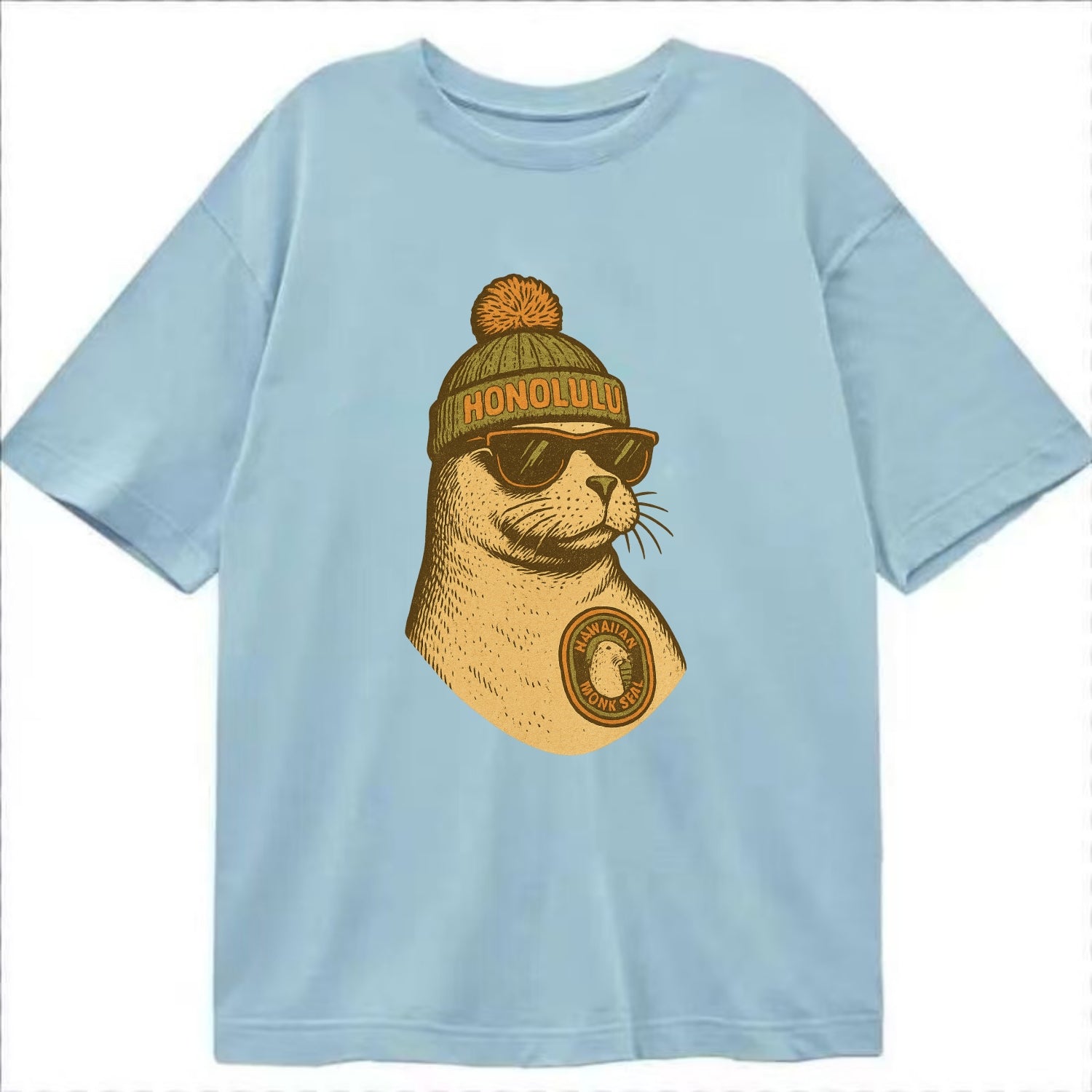 Hawaii Monk Seal wearing Honolulu beanie with pom pom and wayfarer sunglasses - Classic T-shirt - Light Blue