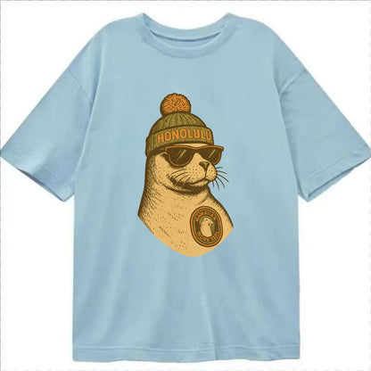 Hawaii Monk Seal wearing Honolulu beanie with pom pom and wayfarer sunglasses - Classic T-shirt - Light Blue
