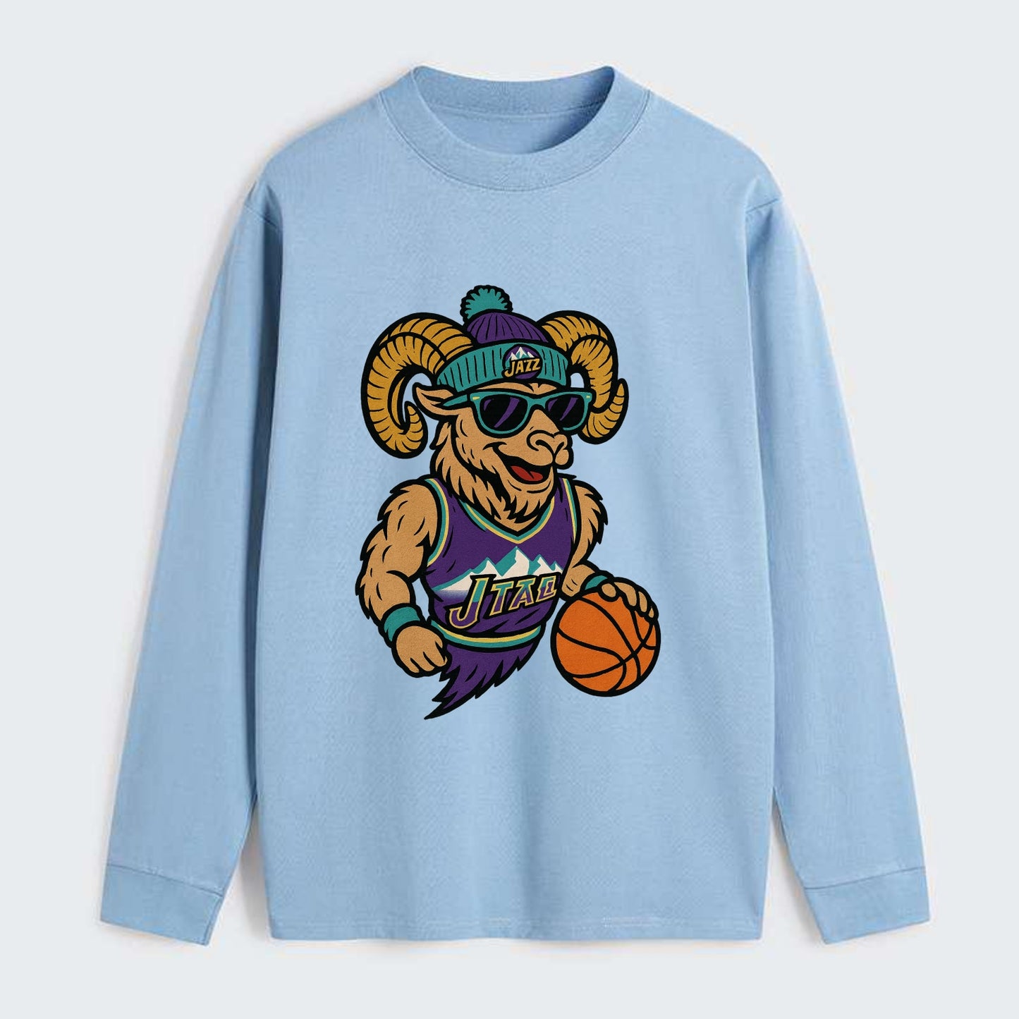 Utah Bighorn wearing Jazz beanie with mountain melody patch and - Classic Long Sleeve Shirt - Light Blue