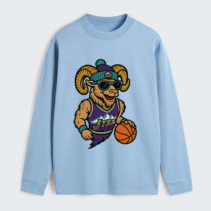 Utah Bighorn wearing Jazz beanie with mountain melody patch and - Classic Long Sleeve Shirt - Light Blue