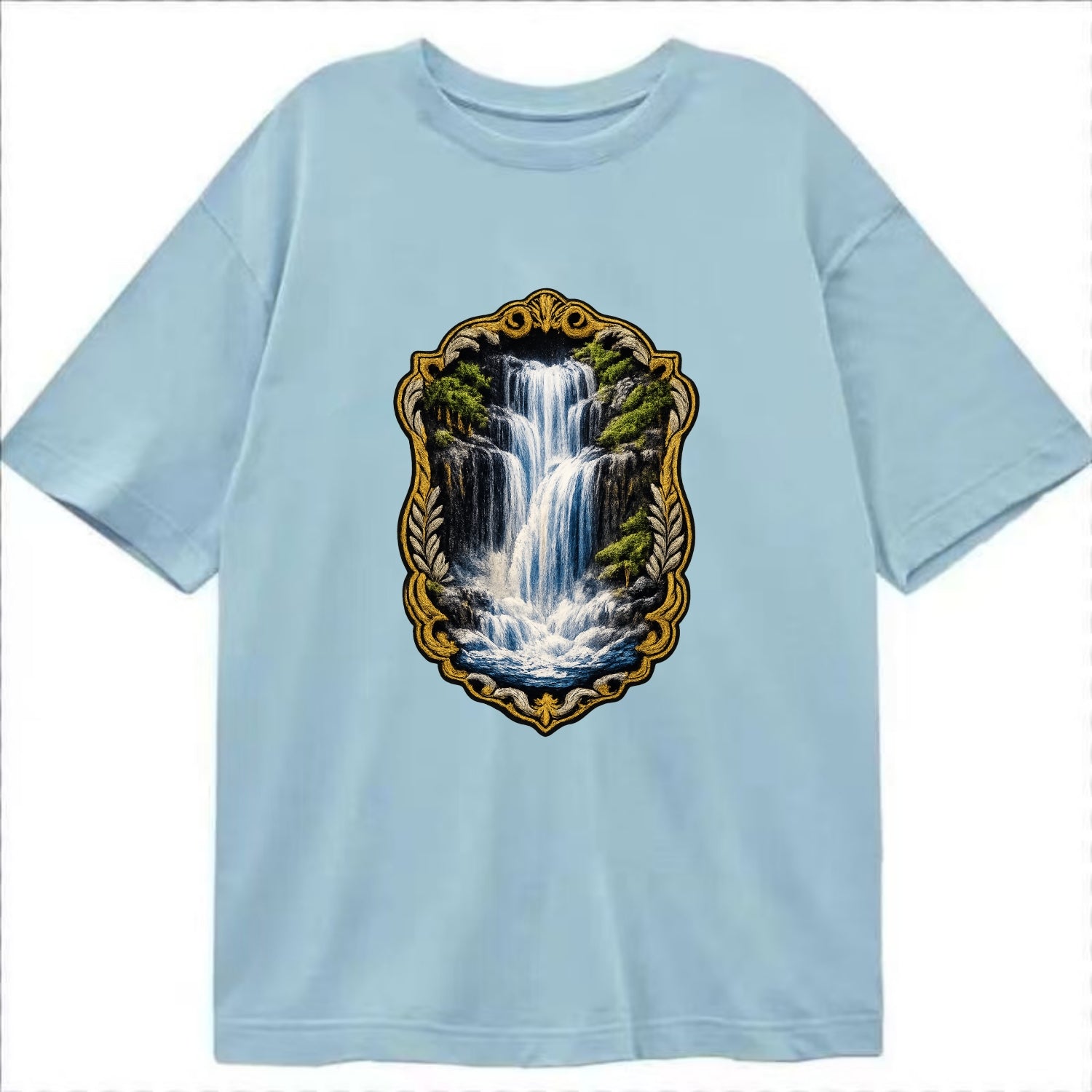 WATERFALL CASCADE - falling water with mist in blue and white , nature wonder - Classic T-shirt - Light Blue