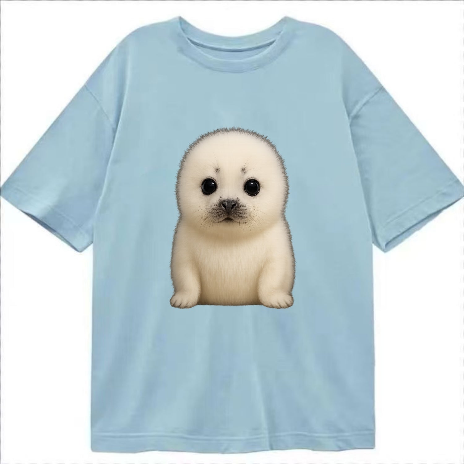 Baby Harp Seal - pure white fluffy fur, enormous dark eyes, front-facing, iconic - Classic T-shirt - Light Blue