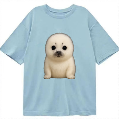 Baby Harp Seal - pure white fluffy fur, enormous dark eyes, front-facing, iconic - Classic T-shirt - Light Blue
