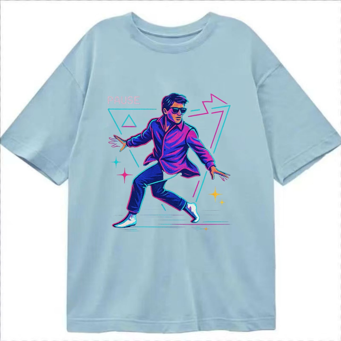 confident figure sliding across polished wooden floor in socks and sunglasses - Classic T-shirt - Light Blue
