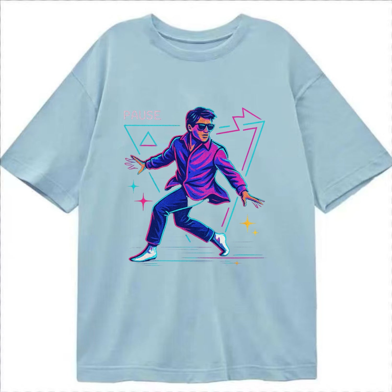 confident figure sliding across polished wooden floor in socks and sunglasses - Classic T-shirt - Light Blue