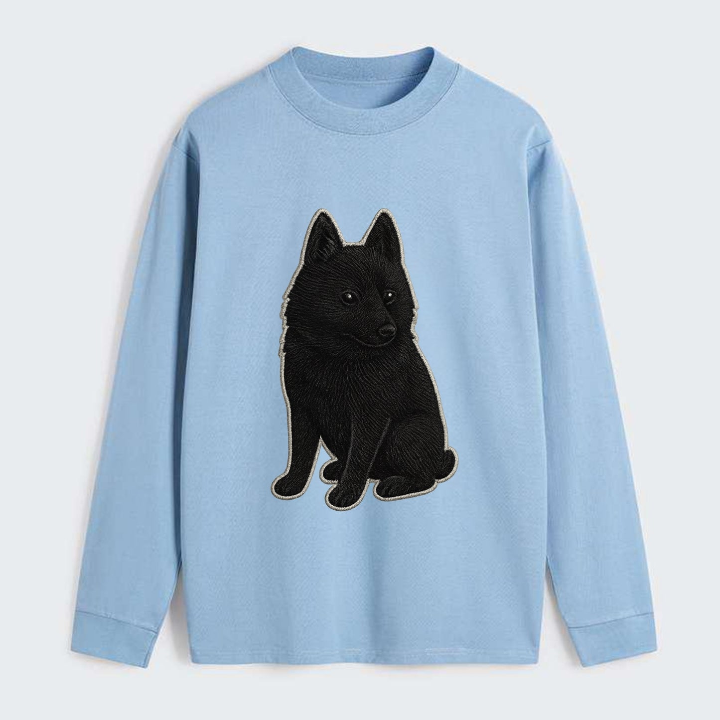 Schipperke - Solid black small embroidered sitting pose - Classic Long Sleeve Shirt - Light Blue