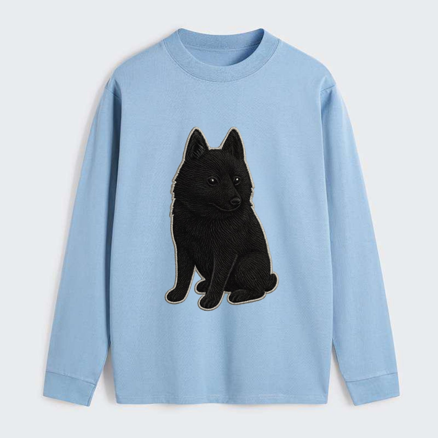 Schipperke - Solid black small embroidered sitting pose - Classic Long Sleeve Shirt - Light Blue
