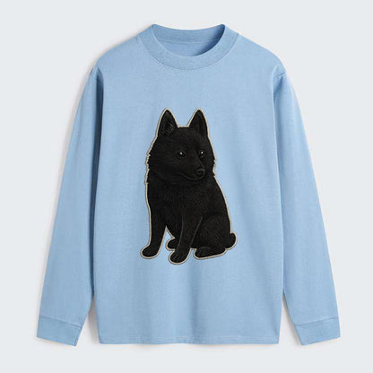 Schipperke - Solid black small embroidered sitting pose - Classic Long Sleeve Shirt - Light Blue