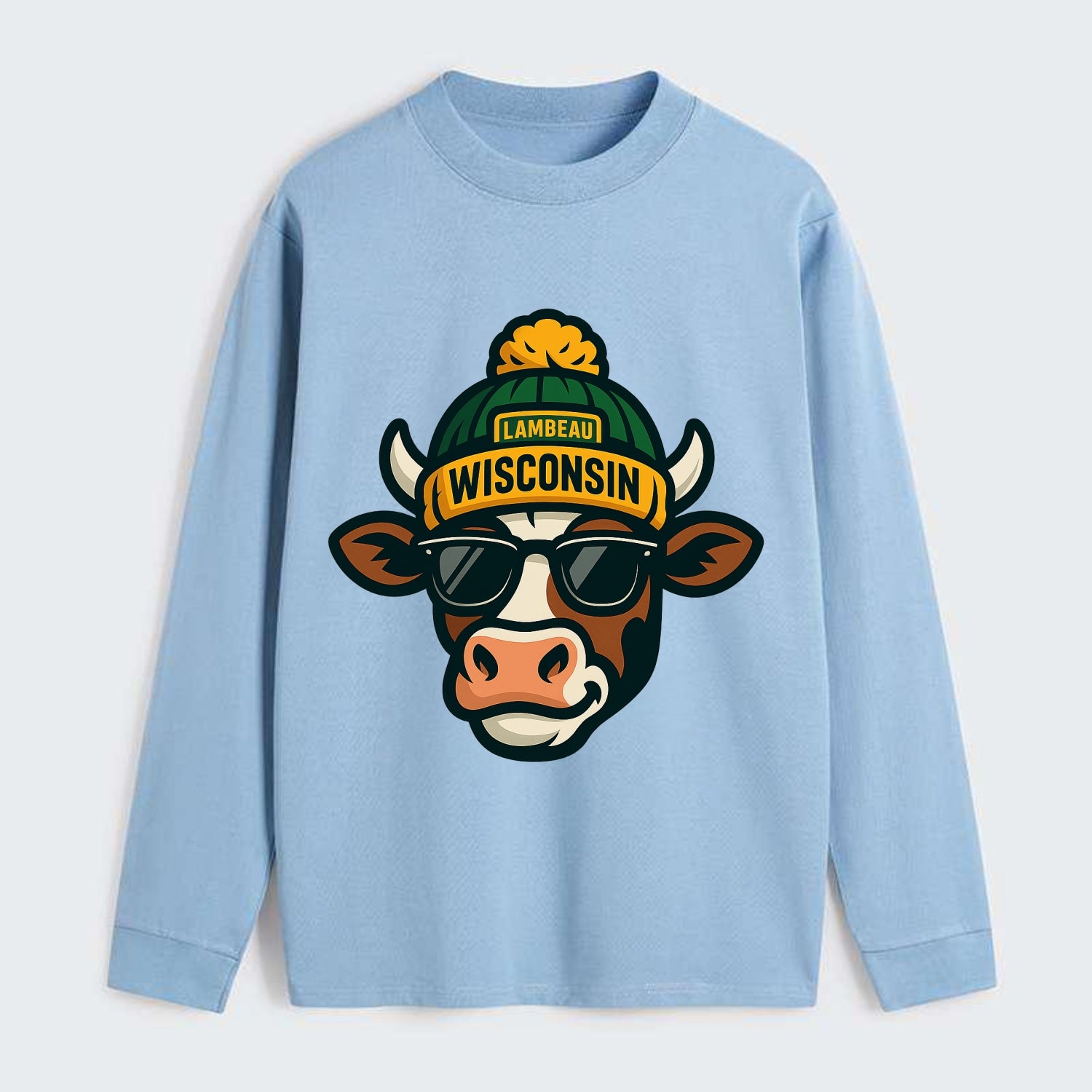 Wisconsin Cow wearing Packers beanie with Lambeau patch and wayfarer - Classic Long Sleeve Shirt - Light Blue