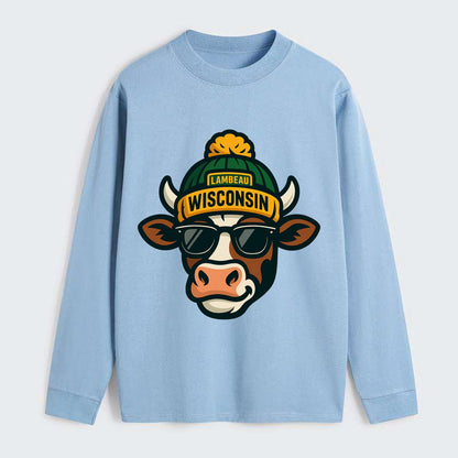 Wisconsin Cow wearing Packers beanie with Lambeau patch and wayfarer - Classic Long Sleeve Shirt - Light Blue