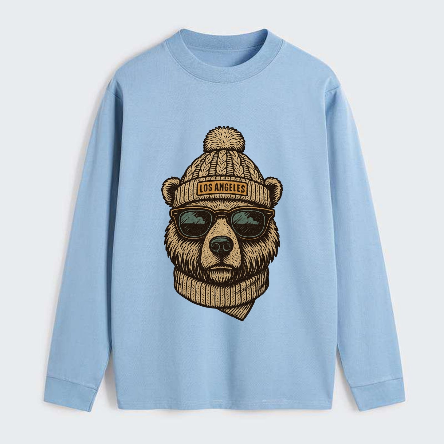 California Grizzly Bear wearing Los Angeles beanie with pom pom and - Classic Long Sleeve Shirt - Light Blue