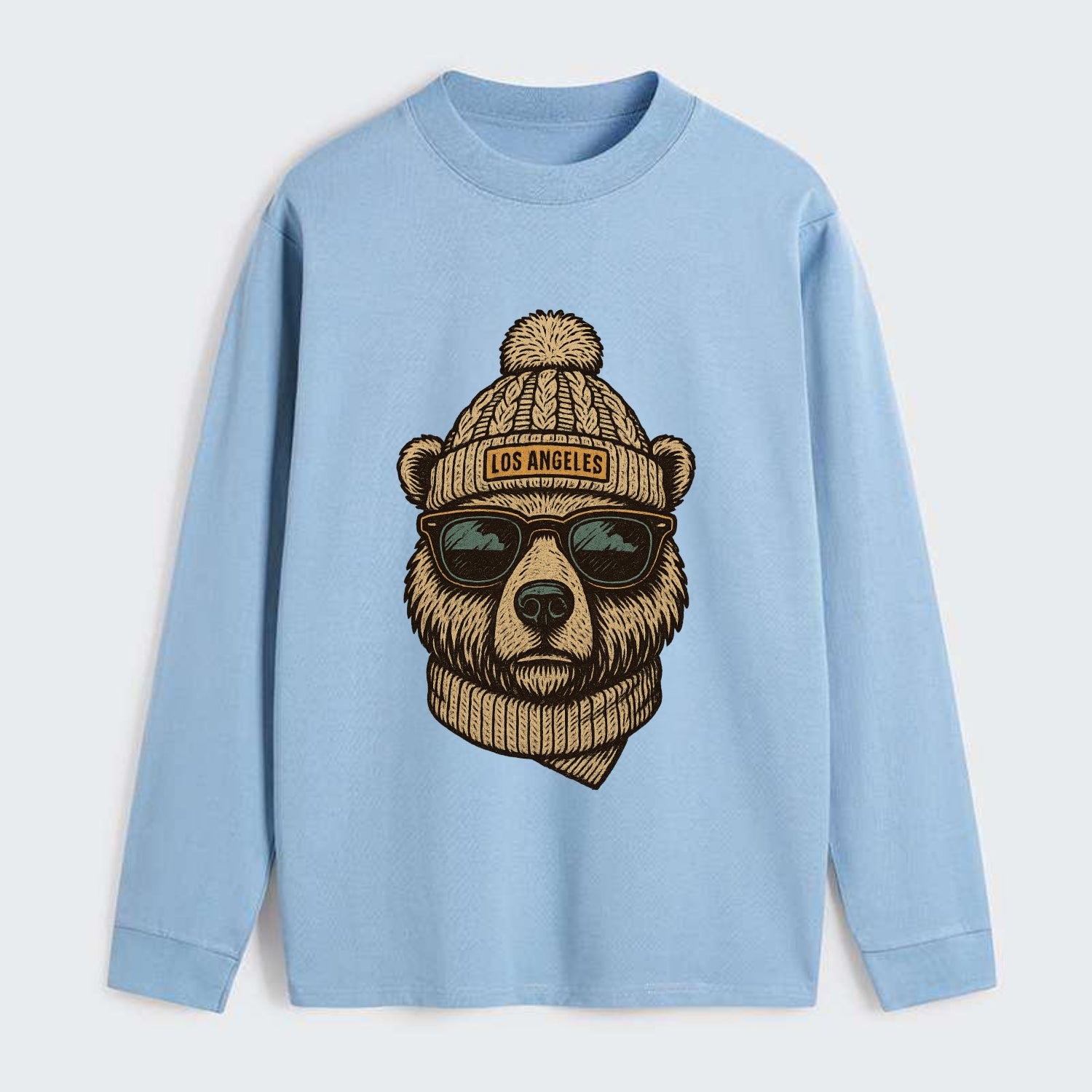 California Grizzly Bear wearing Los Angeles beanie with pom pom and - Classic Long Sleeve Shirt - Light Blue