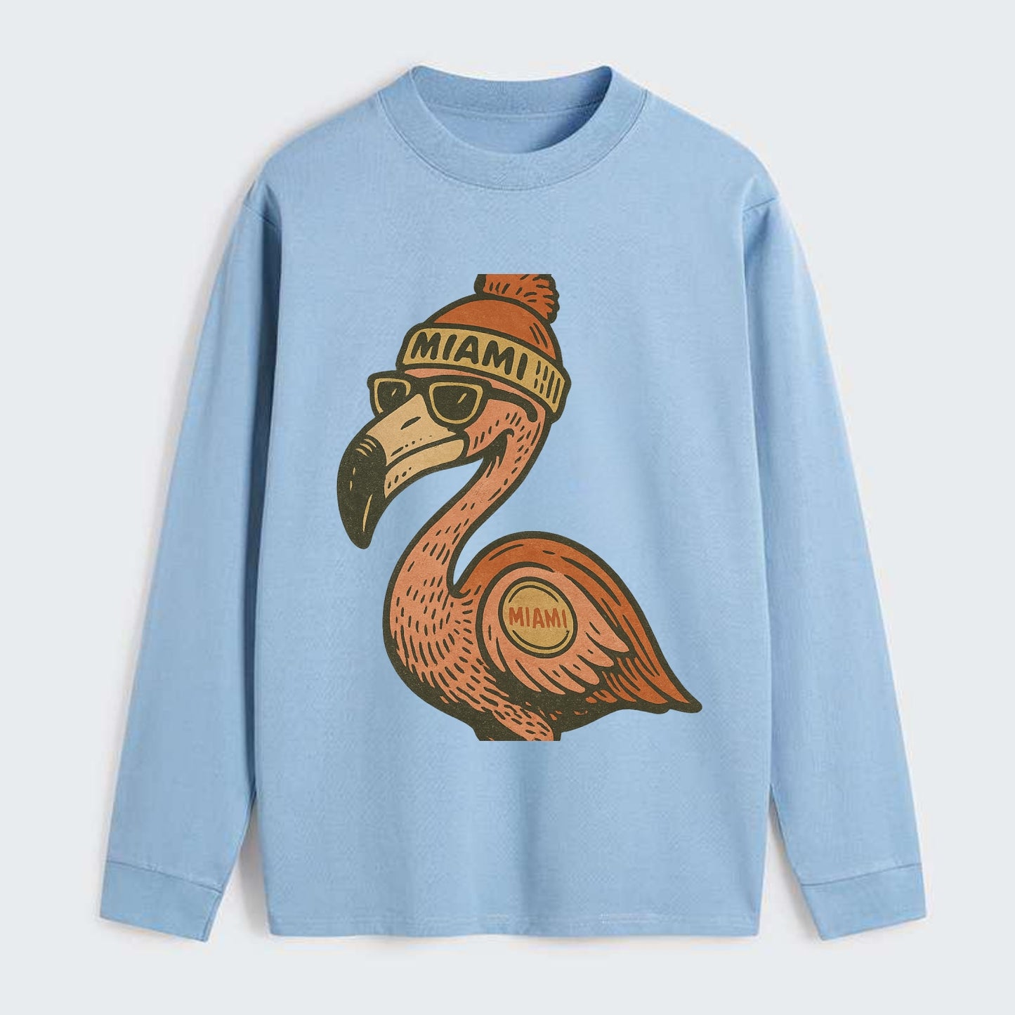 Miami Flamingo wearing Miami beanie with pom pom and wayfarer sunglasses - Classic Long Sleeve Shirt - Light Blue