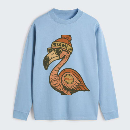 Miami Flamingo wearing Miami beanie with pom pom and wayfarer sunglasses - Classic Long Sleeve Shirt - Light Blue
