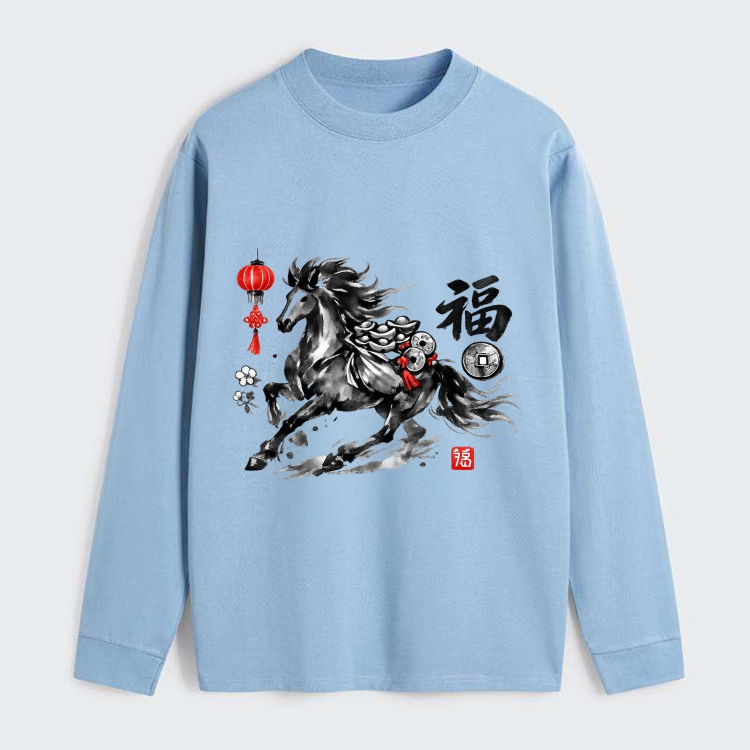 PROSPERITY HORSE | Horse carrying gold ingots and coins | Chinese knot - Classic Long Sleeve Shirt - Light Blue
