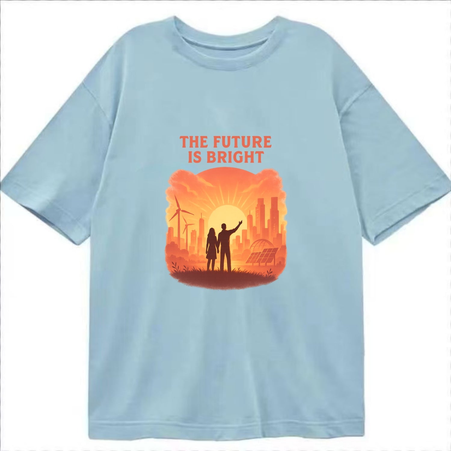 Sunrise over thriving sustainable city - "The Future is Bright" - optimistic - Classic T-shirt - Light Blue