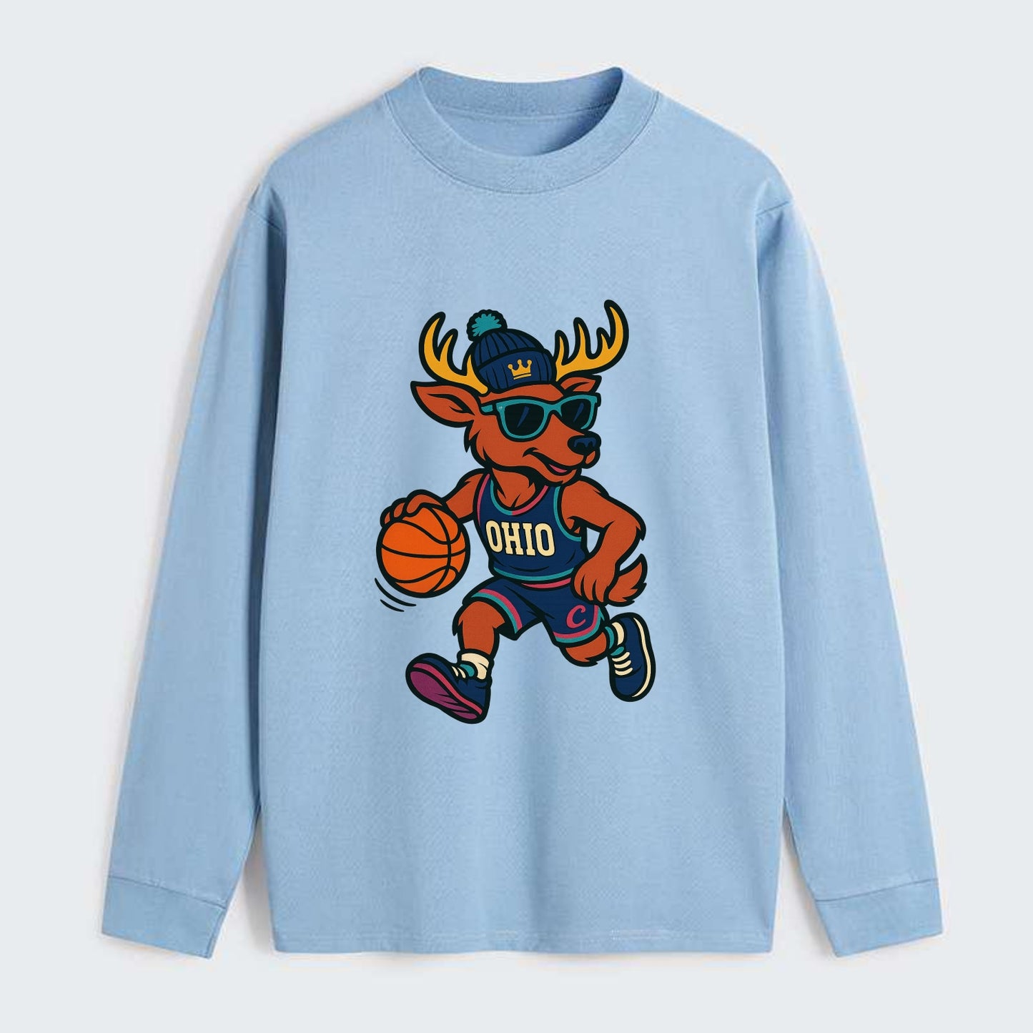 Ohio Deer wearing Cavs beanie with crown patch and wayfarer sunglasses - Classic Long Sleeve Shirt - Light Blue