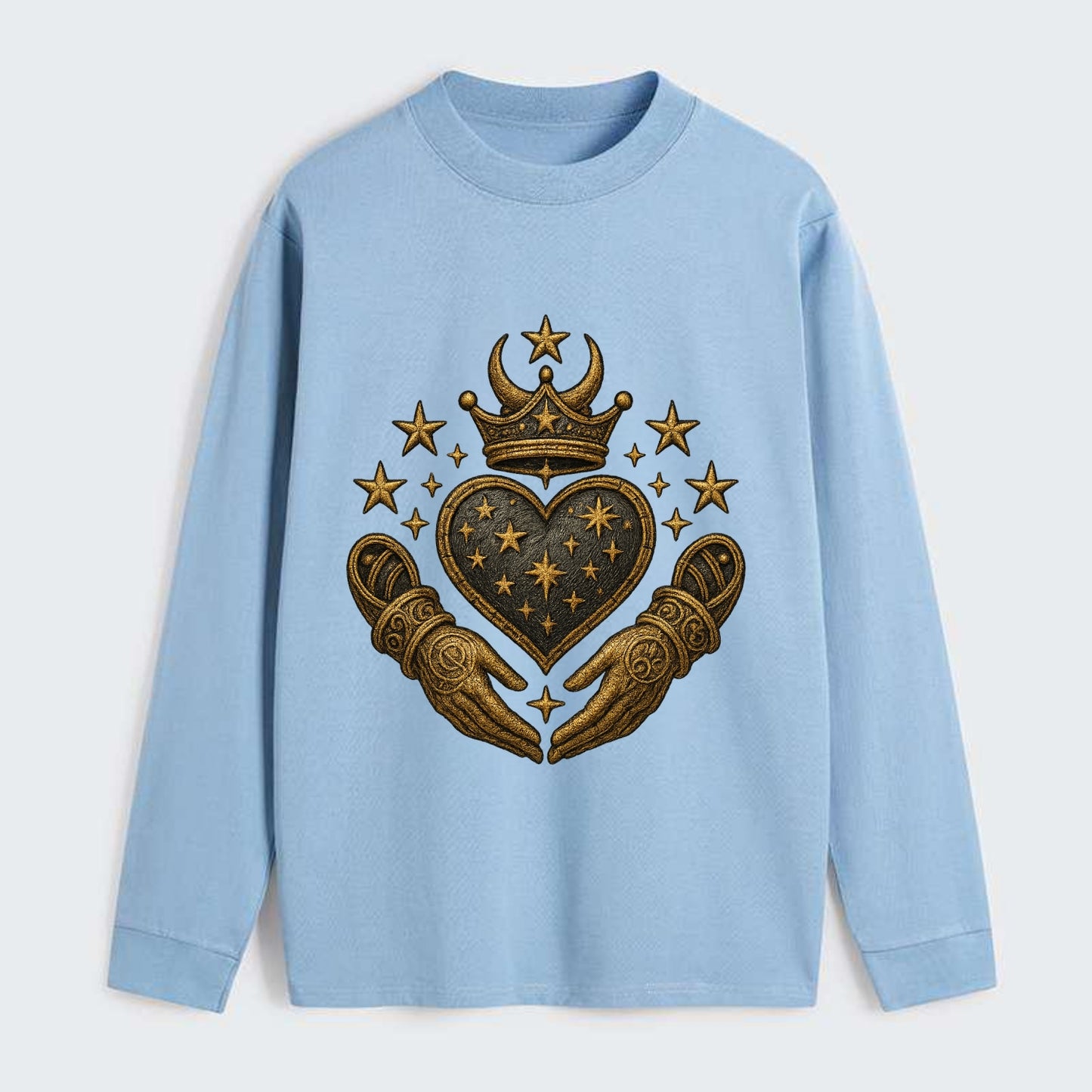 Weathered antique brass crown above a hammered gunmetal heart framed by - Classic Long Sleeve Shirt - Light Blue