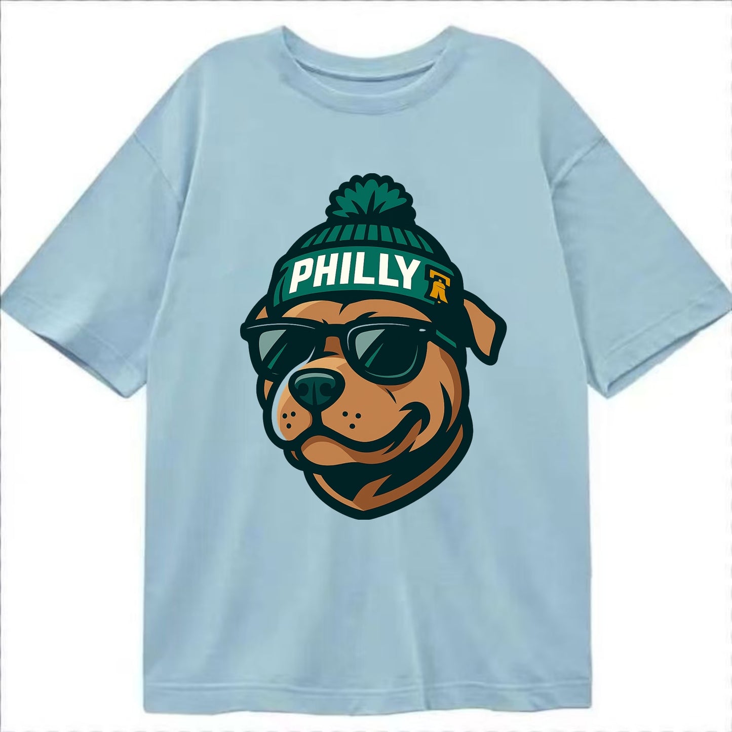 Philly Pitbull wearing Eagles beanie with Liberty Bell patch and wayfarer - Classic T-shirt - Light Blue
