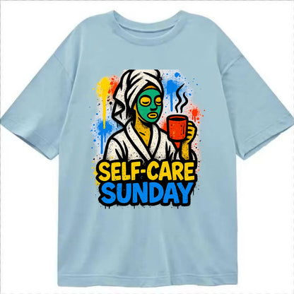 Person in bathrobe with face mask and tea - self-care Sunday ritual, wellness - Classic T-shirt - Light Blue