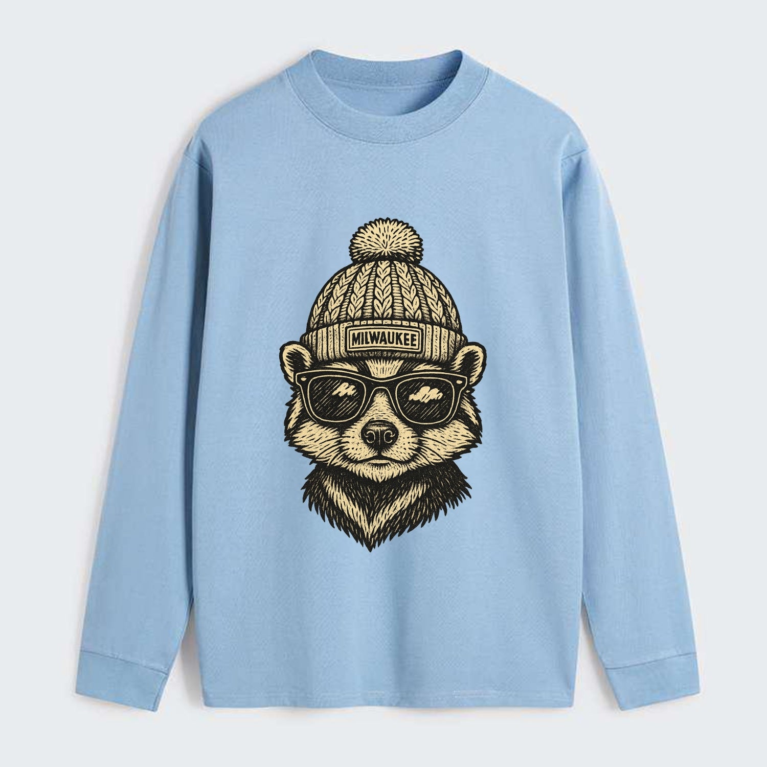 Wisconsin Badger wearing Milwaukee beanie with pom pom and wayfarer - Classic Long Sleeve Shirt - Light Blue