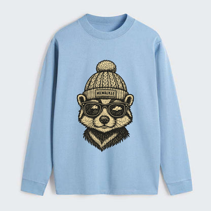 Wisconsin Badger wearing Milwaukee beanie with pom pom and wayfarer - Classic Long Sleeve Shirt - Light Blue