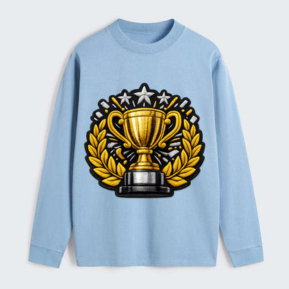Embroidered patch design - CHAMPIONSHIP TROPHY - golden trophy cup with - Classic Long Sleeve Shirt - Light Blue