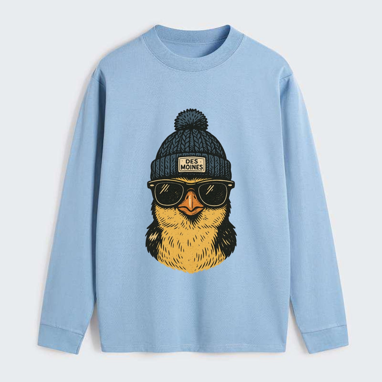 Iowa Goldfinch wearing Des Moines beanie with pom pom and wayfarer - Classic Long Sleeve Shirt - Light Blue
