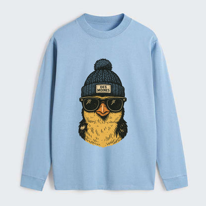 Iowa Goldfinch wearing Des Moines beanie with pom pom and wayfarer - Classic Long Sleeve Shirt - Light Blue