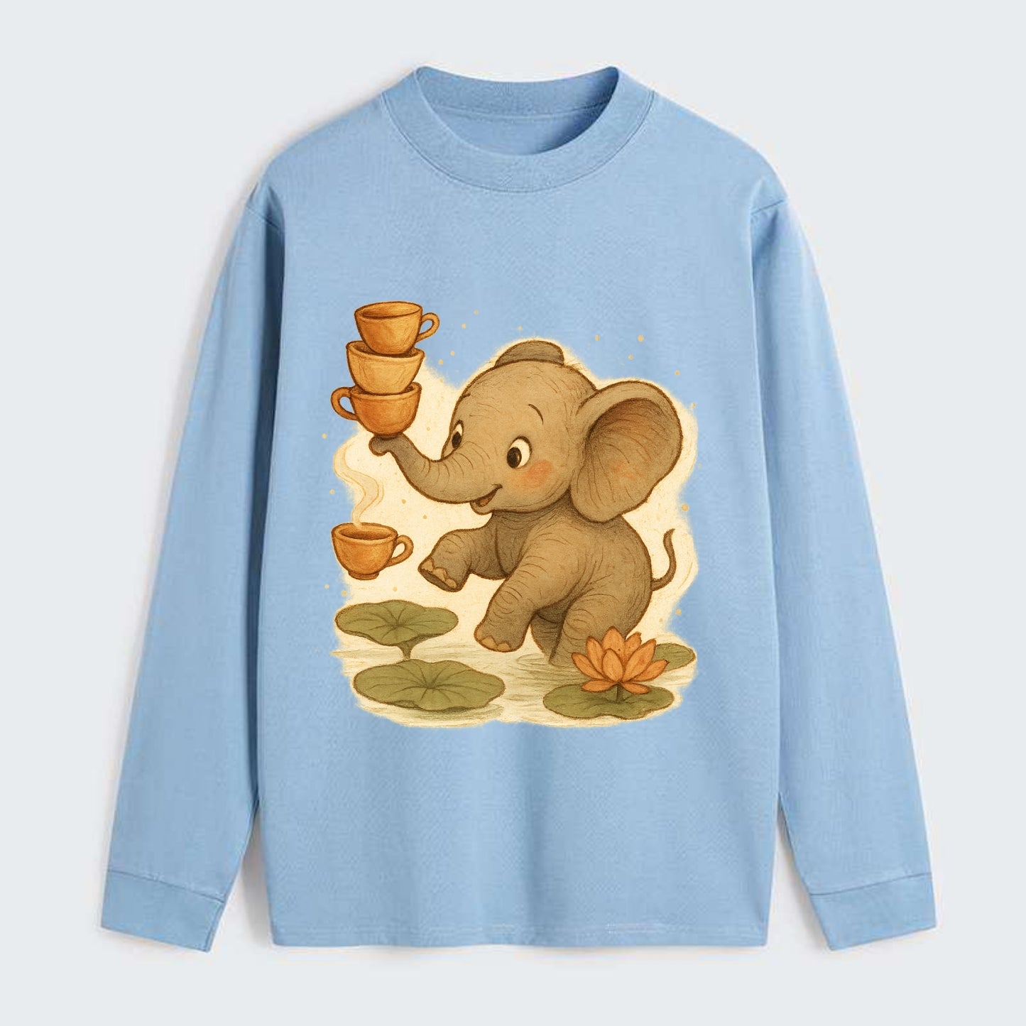 Elephant balancing teacups during a floating tea ceremony beside lotus - Classic Long Sleeve Shirt - Light Blue