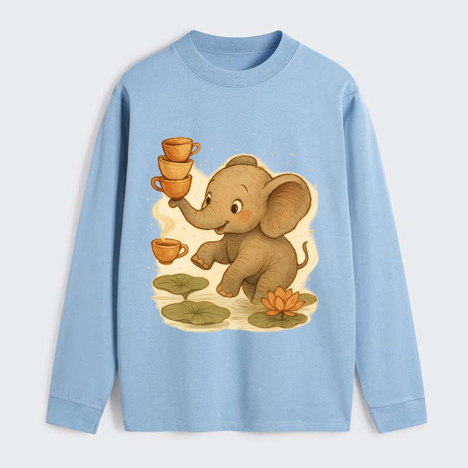 Elephant balancing teacups during a floating tea ceremony beside lotus - Classic Long Sleeve Shirt - Light Blue