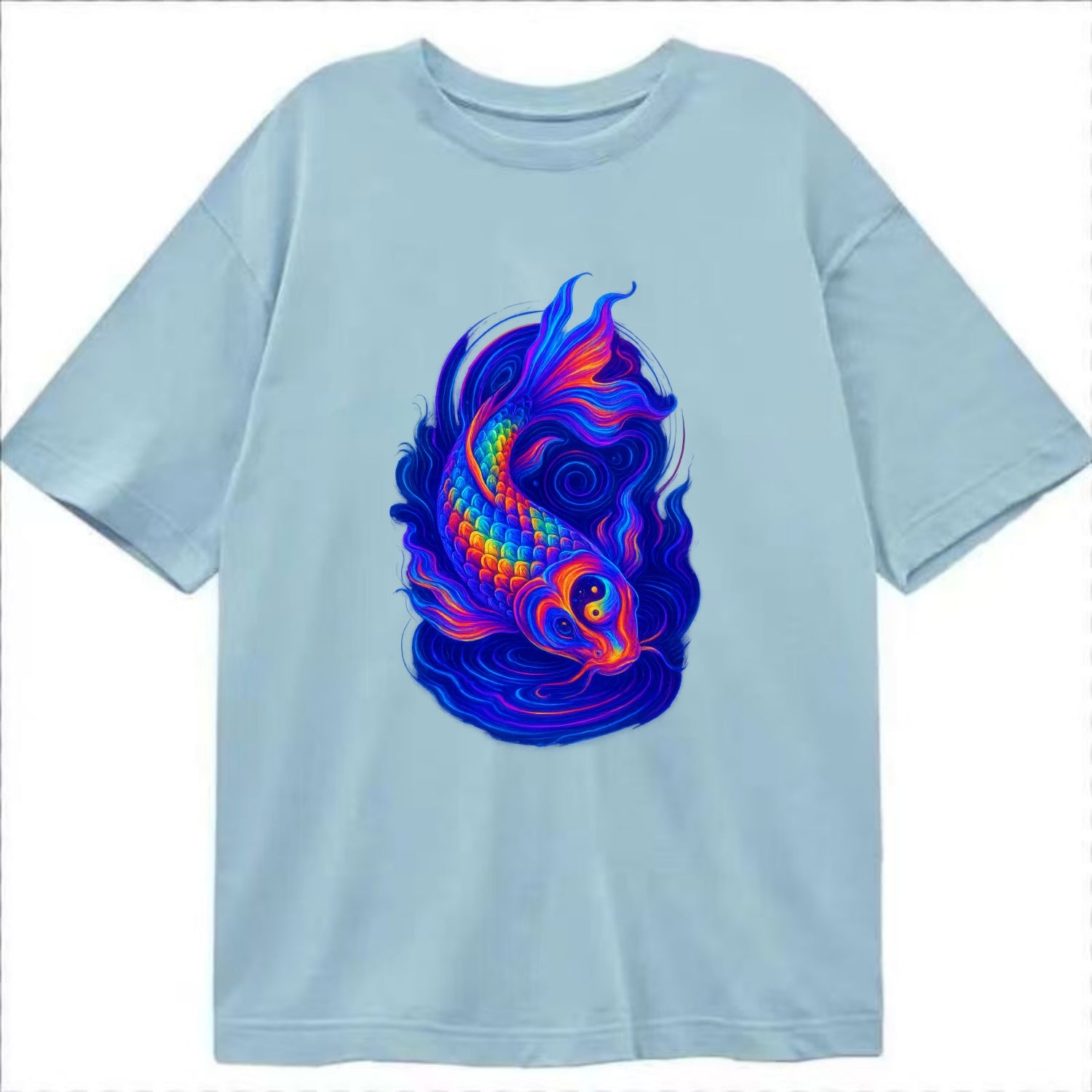 Sacred koi with scales reflecting rainbow prisms, yin-yang patterns in cosmic - Classic T-shirt - Light Blue