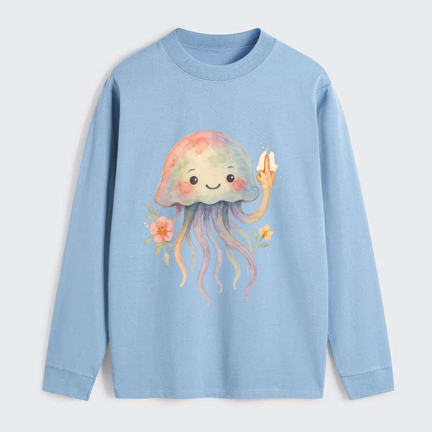 jellyfish with kawaii face and tentacles, one tentacle pointing up - Classic Long Sleeve Shirt - Light Blue