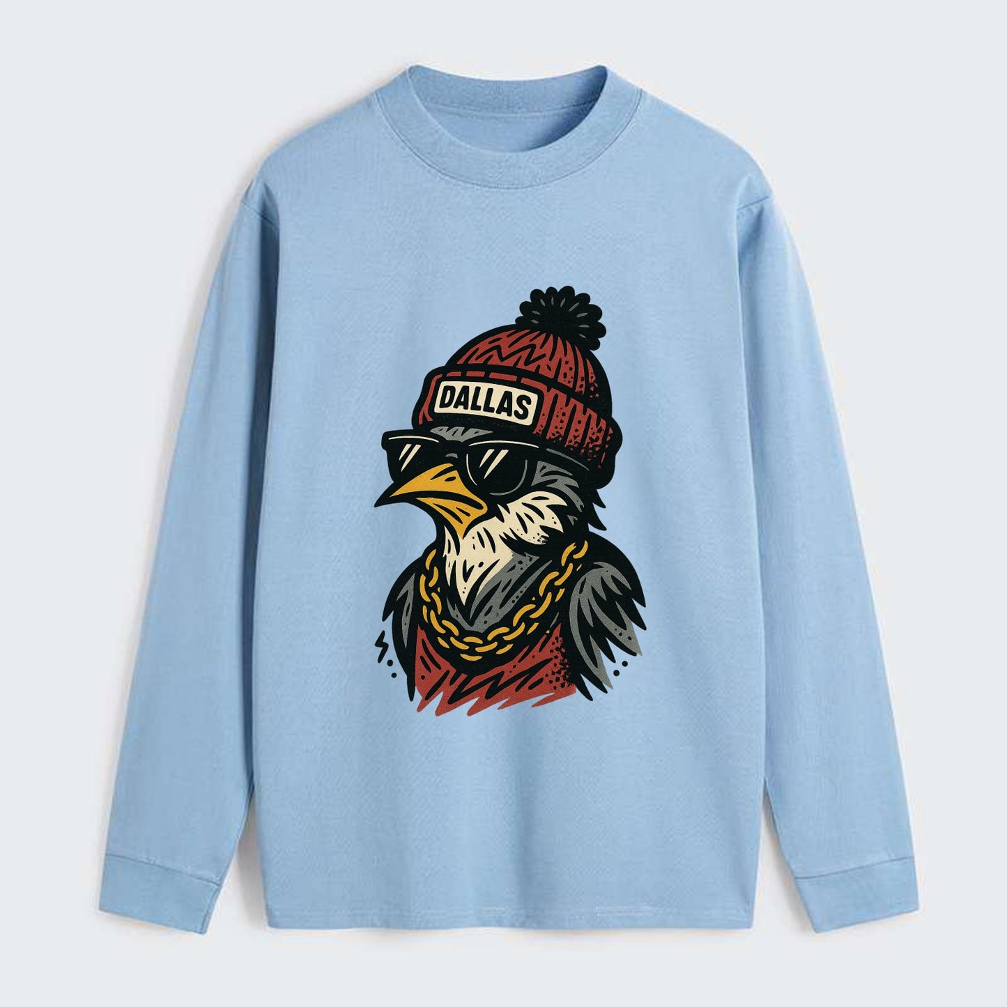 Dallas Mockingbird wearing Dallas beanie with pom pom and wayfarer - Classic Long Sleeve Shirt - Light Blue