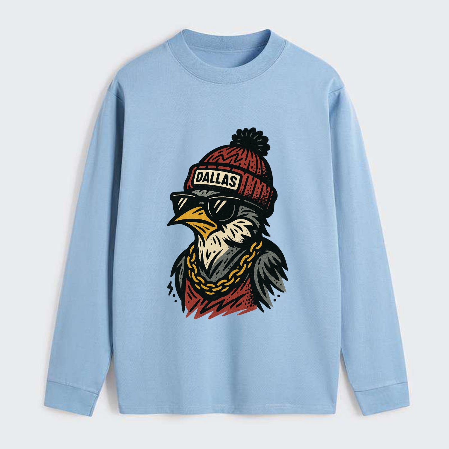 Dallas Mockingbird wearing Dallas beanie with pom pom and wayfarer - Classic Long Sleeve Shirt - Light Blue