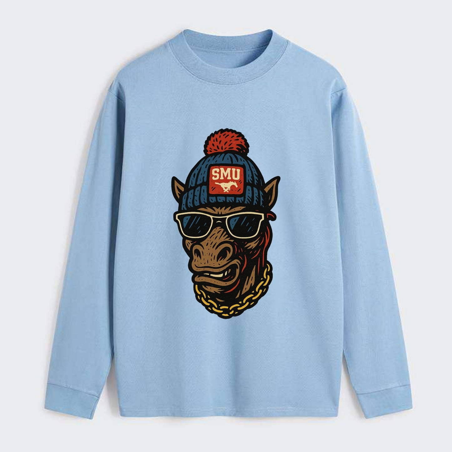 Dallas Mustang wearing SMU beanie with pony patch - Classic Long Sleeve Shirt - Light Blue