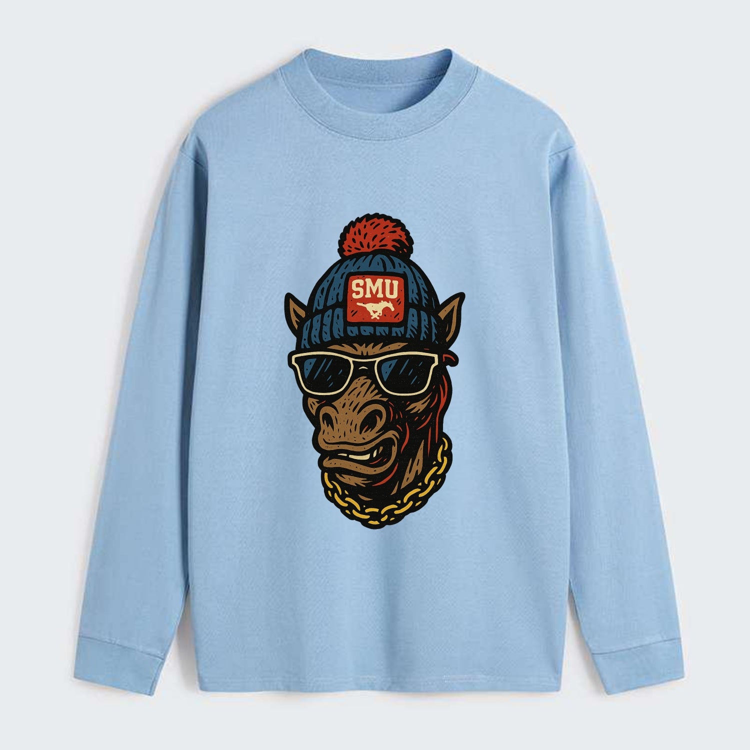Dallas Mustang wearing SMU beanie with pony patch - Classic Long Sleeve Shirt - Light Blue
