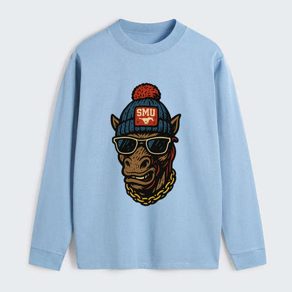 Dallas Mustang wearing SMU beanie with pony patch - Classic Long Sleeve Shirt - Light Blue