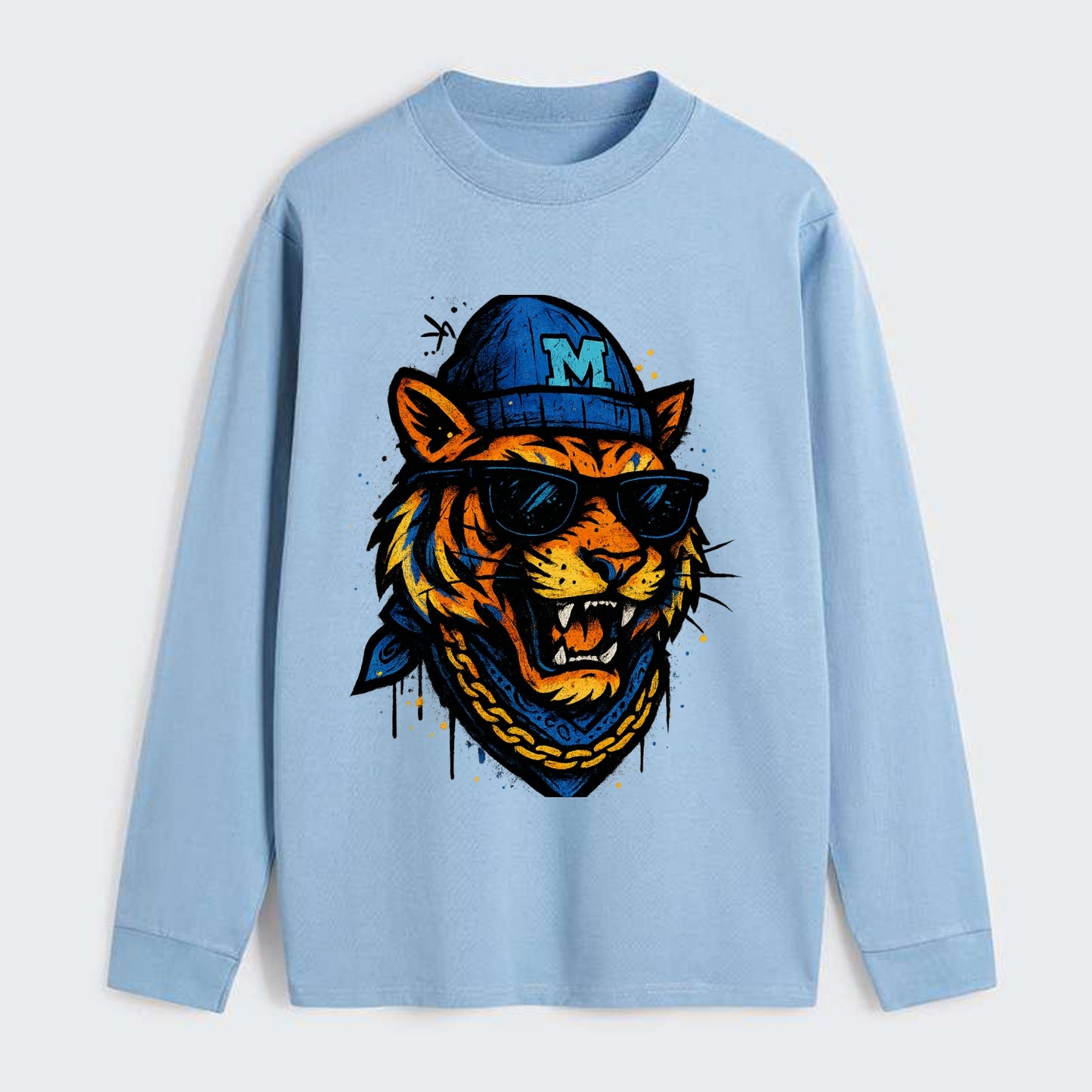 Memphis Tiger wearing Memphis beanie with M patch - Classic Long Sleeve Shirt - Light Blue