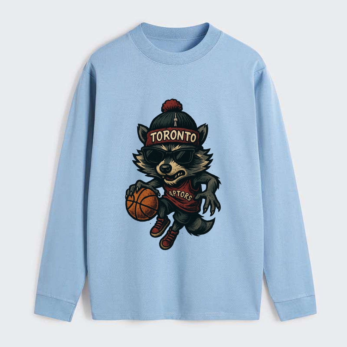 Toronto Raccoon wearing Raptors beanie with CN Tower patch and wayfarer - Classic Long Sleeve Shirt - Light Blue